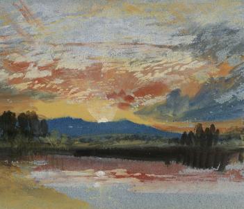 A watercolour painting of a sun setting over a landscape - lots of reds, yellows, blues and amber