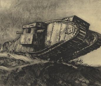 A drawing of a WWI tank by Muirhead Bone, reproduced in the 1917 book 'War drawings from the collection presented to the British Museum by His Majesty's Government ', 1917.