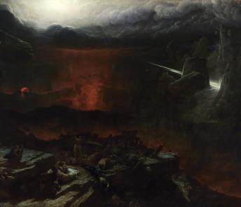 Dramatic oil painting of an apocalyptic landscape with lightening striking and lava flowing