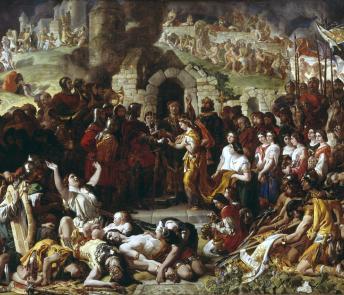 Dramatic oil painting crowded with people, with a man in armour and a woman at centre being married by a priest.