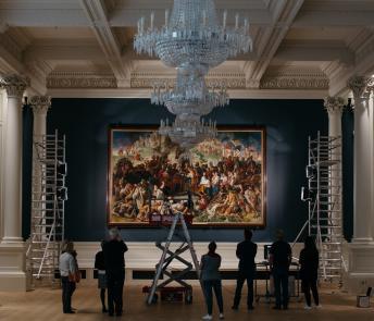 Rehanging the Marriage of Strongbow and Aoife painting in the Gallery's Shaw Room