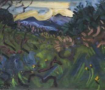 Expressionistic painting of a landscape with purple mountains in the distance and grass and yellow flowers in the foreground.