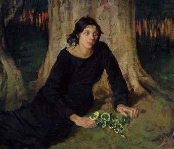 A woman in black lies at the foot of a tree, with flowers in her hand