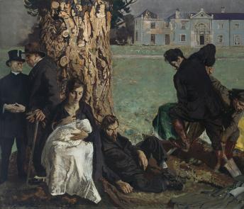 An oil painting of seven people - a woman and baby, clergyman, businessman, dishevelled man, two soldiers - gathered around a tree in front of a burnt-out country house.