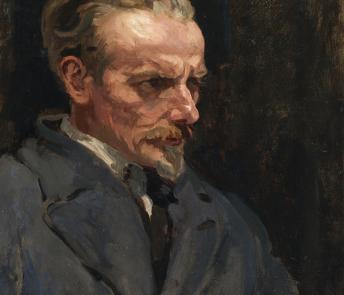 An oil portrait of a man in three quarters profile. 