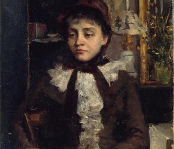 Painting of a female figure in a brown dress sitting at a table with a teacup and food