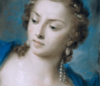 Painting of a female figure wearing a blue dress, a crescent moon headdress and pearl jewellery