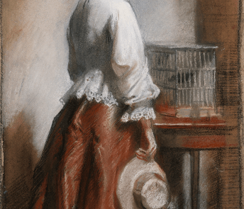 Pastel drawing of a female figure with her back to the viewer wearing a white top and brown skirt standing beside a birdcage.