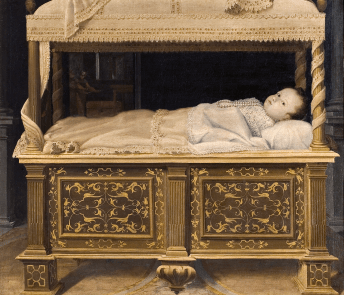 Painting of a small child wearing white, lying in an elaborately decorated cradle