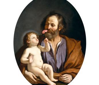 Painting of a man with a beard, wearing a purple shirt and brown robe, holding a baby who is holding a pink rose.
