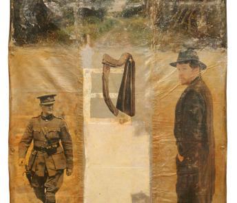 Mixed media on canvas. To the left, an image of Michael Collins in military uniform; in the centre a harp; and to the right a man in a long overcoat and a hat looks over his shoulder