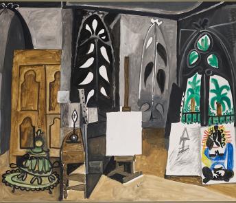 Painting of an artist's studio, with paintings stacked on the floor, a blank canvas sat on an easel, and palm trees visible through the window.
