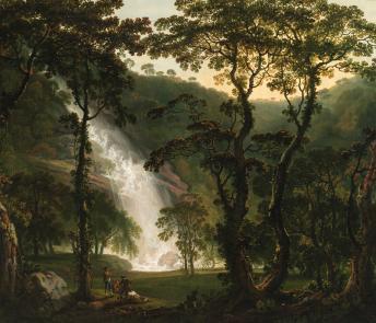 A painting showing the waterfall at Powerscourt Estate, Co. Wicklow through trees. In the left foreground of the painting, we can see some figures who are dwarfed by the grandeur of the waterfall.  