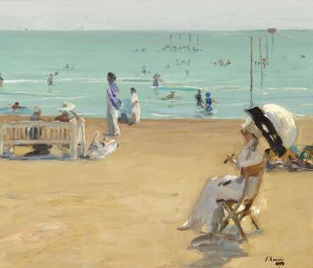 In the foreground, ladies in white dresses and children recline on the beach, some under sun parasols. Further out, people are swimming in the blue water. 