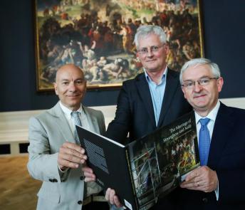 Simone Mancini, Head of Conservation, National Gallery of Ireland; Sean Rainbird, Director, National Gallery of Ireland; and Peter Keegan, Country Executive for Ireland, Bank of America Merrill Lynch; at a preview of Daniel Maclise (1806-1870), The Marriage of Strongbow and Aoife in the refurbished Shaw Room of the National Gallery of Ireland, following a conservation and research project funded by the Bank of America Merrill Lynch Art Conservation Project. Photo © Maxwell Photography