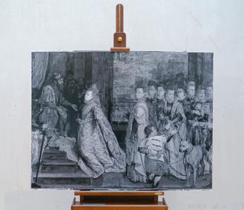 An infrared image of Lavinia Fontana's painting on an easel