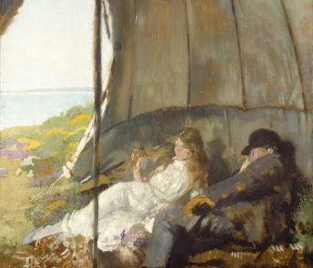 Painting of man and woman in a tent looking at the sea