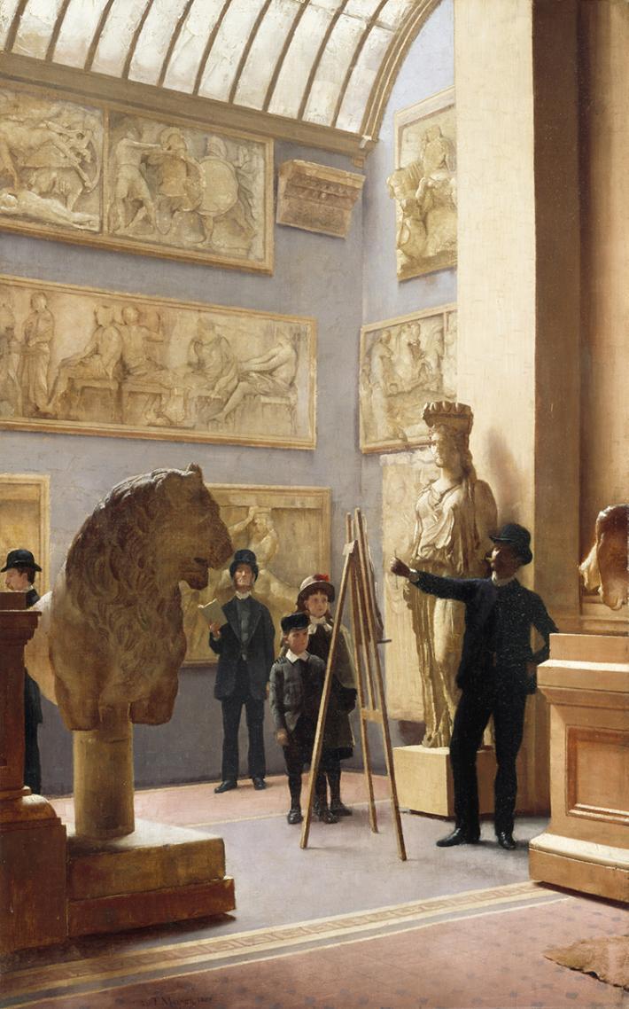 Painting of an artist standing at an easel copying from antique casts in the National Gallery of Ireland