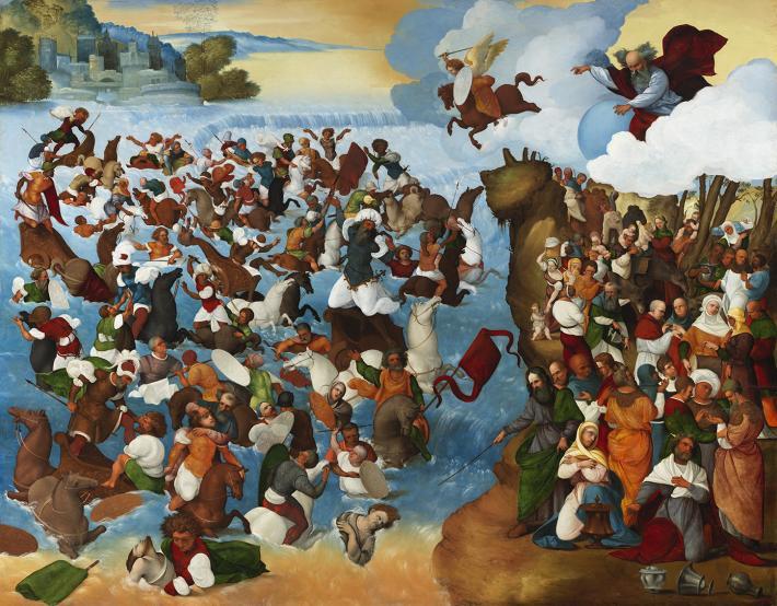 Large painting depicting the parting of the red sea, with numerous figures in a sea scape.