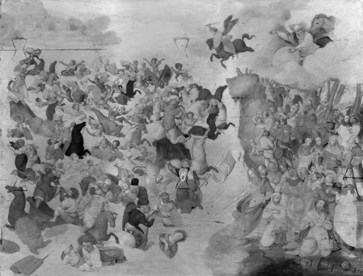An infrared photograph of Mazzolino's The Crossing of the Red Sea