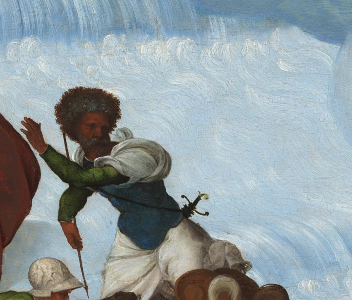 Detail from a painting showing figure with his hand raised